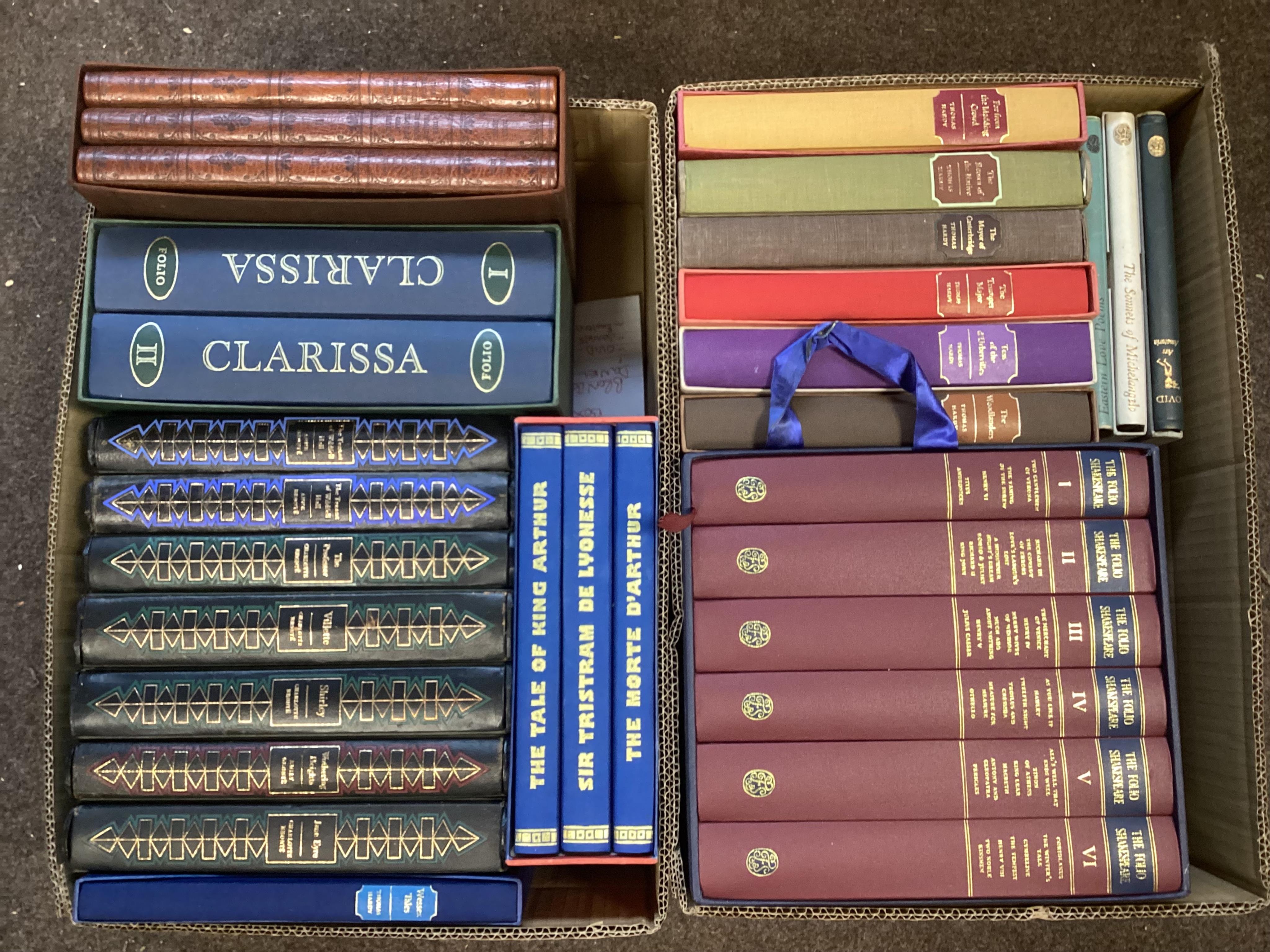 Folio Society: Bronte, Charlotte - Emily, Anne (7), Daniel De Foet, tan leather, special edition (3), Malory - Chronicles King Arthur (3), T. Hardy (7), Richardson - Clarissa (2) and Folio Shakespeare, vols i-Vi 1988